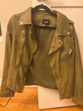 Lamarque Olive Leather Biker Jacket with Zip Details